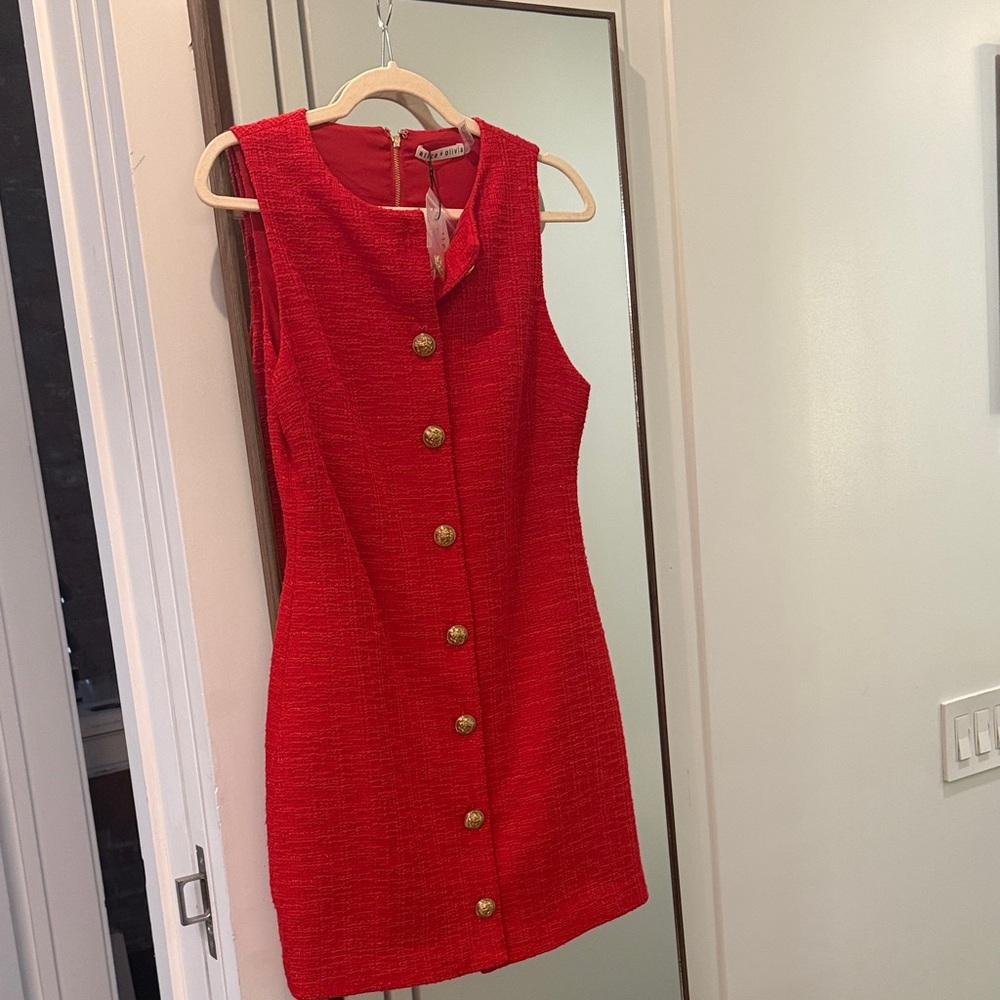 Alice + Olivia Red Sleeveless Tweed Dress with Gold Buttons